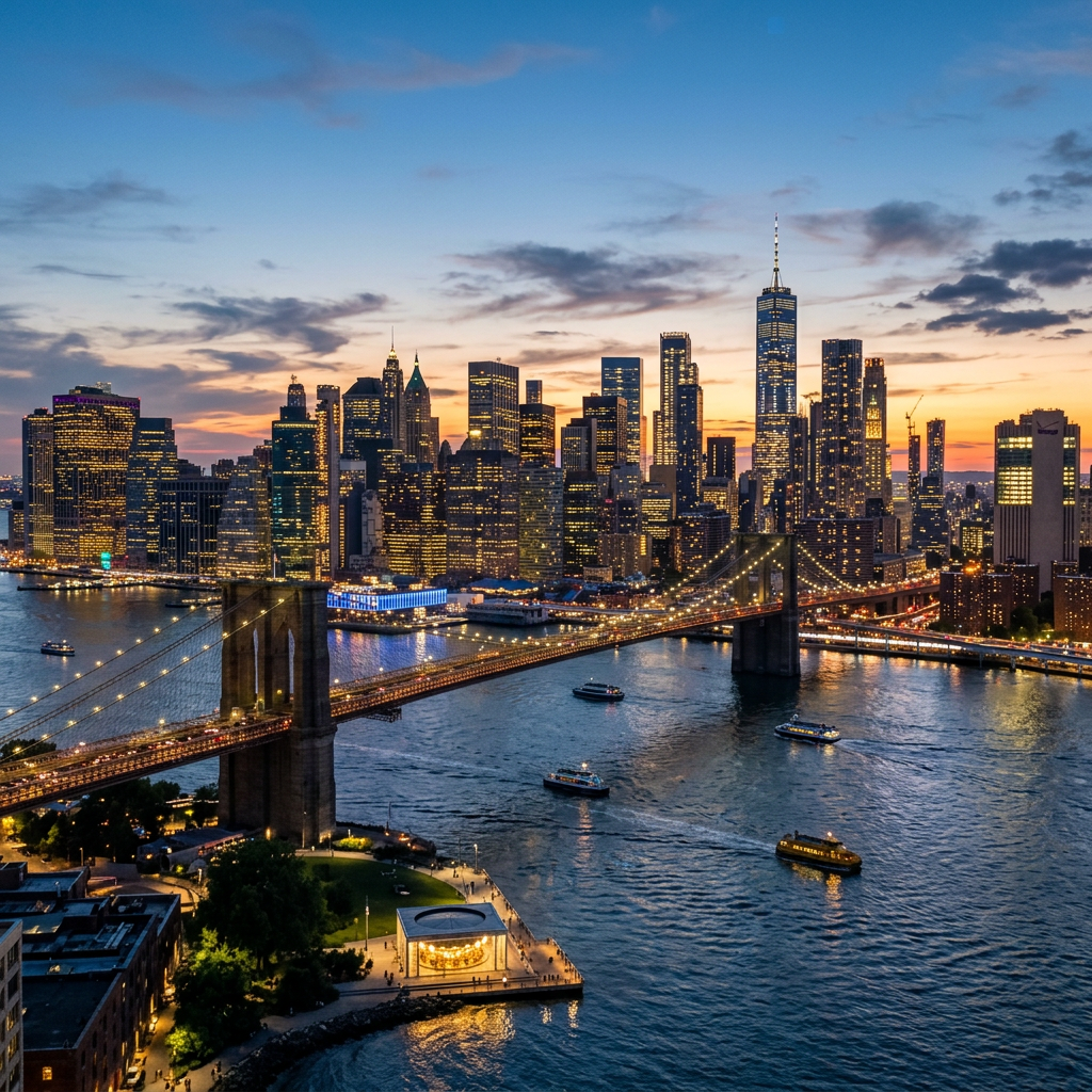 Brooklyn Bridge spanning the East River with New York City skyline and skyscrapers at dusk