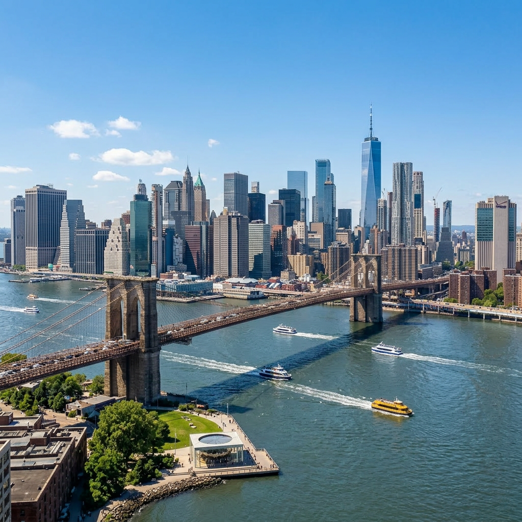 Brooklyn Bridge spanning the East River with New York City skyline and skyscrapers at dusk